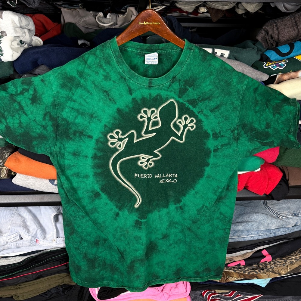 Yazbek Puerto Vallarta Mexico Gecko Tie Dye T-Shirt‎ Mens Large Green Souvenir
